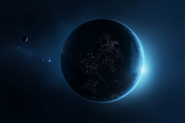 Planet mit Satelliten, mit Lichtern der Zivilisation auf der Oberfläche vor dem Hintergrund eines aufsteigenden Sterns