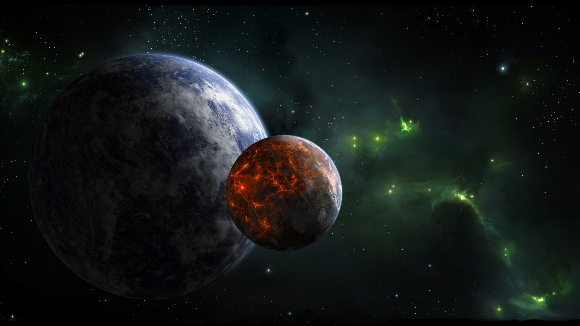 planet satellit vulkanisch aktivität sterne grün nebel