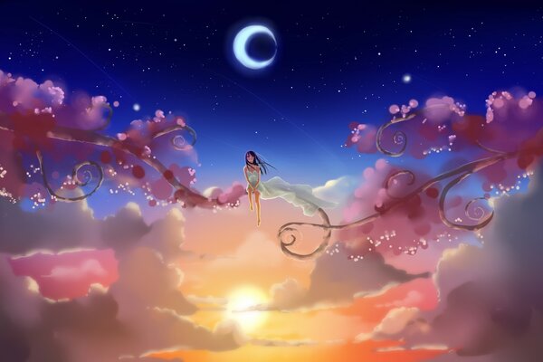 Mädchen auf einer Wolke. Anime-Stil-Bild