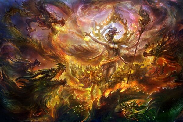 Art ein mehrartiges Mädchen mit Drachen macht einen magischen Ritus