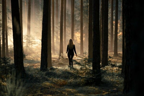 Mädchen im Wald. nebel in öfter