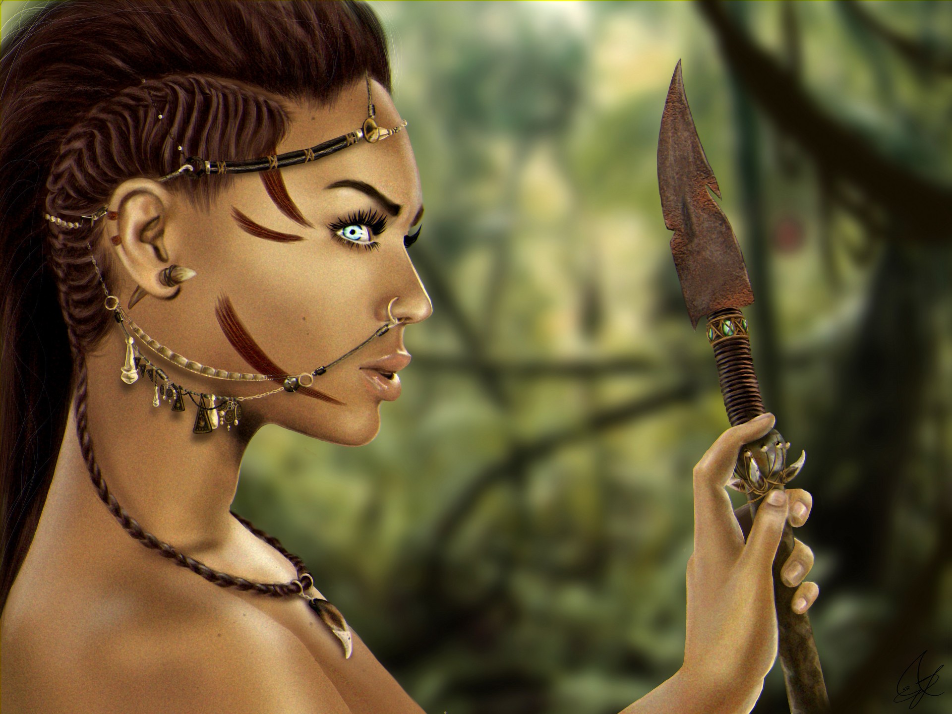 gesicht mädchen lara croft augen speer zöpfe schmuck profil wimpern amazon