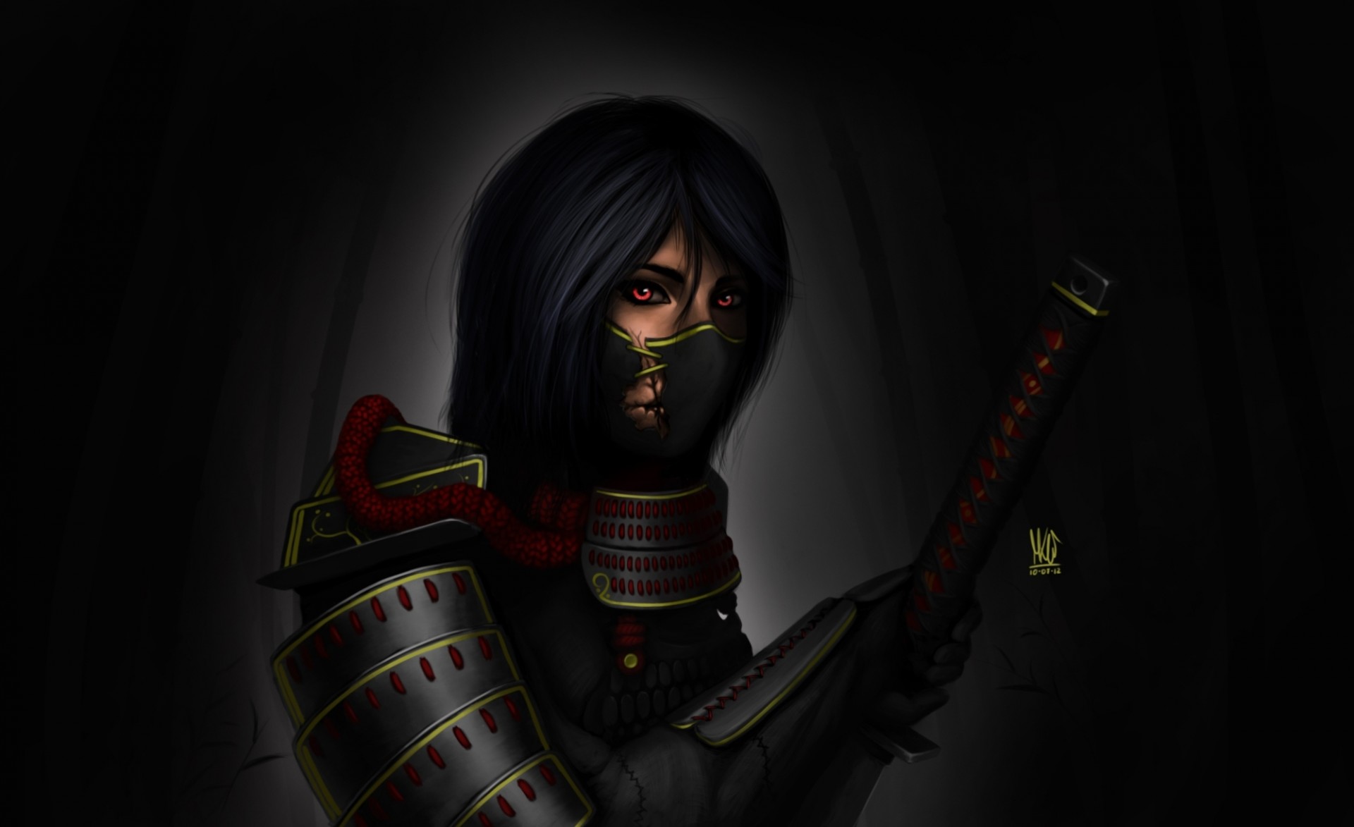 kunst mädchen verband arm schwert rüstung katana dunkler hintergrund samurai