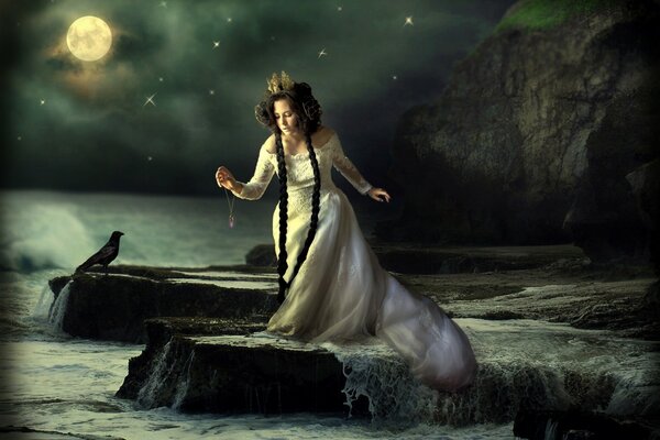 Mädchen am Wasser beim Mond