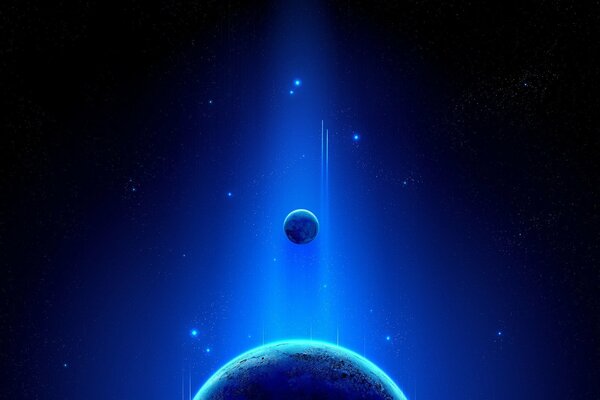 Ein blaues Leuchten, das einen kleinen Planeten hervorhebt