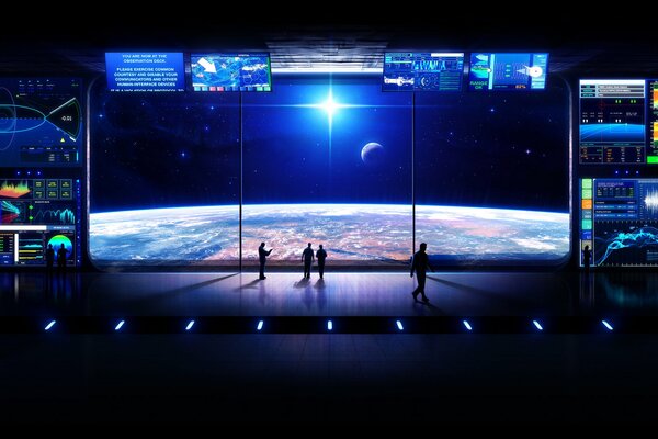 Großer Bildschirm in den Weltraum, wo nur Planeten und Sterne sind