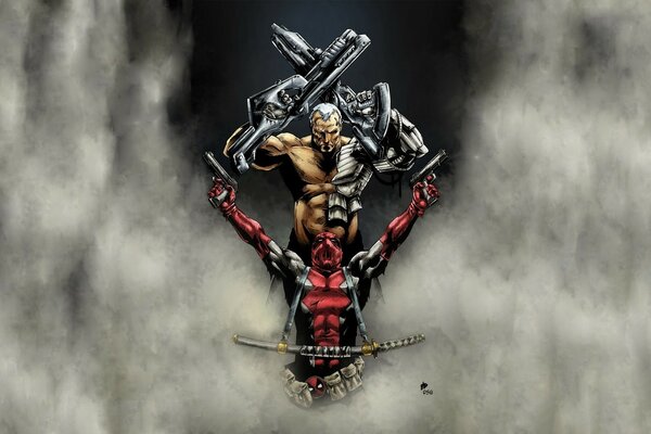 Deadpool Comics und ein Superheld im Nebel