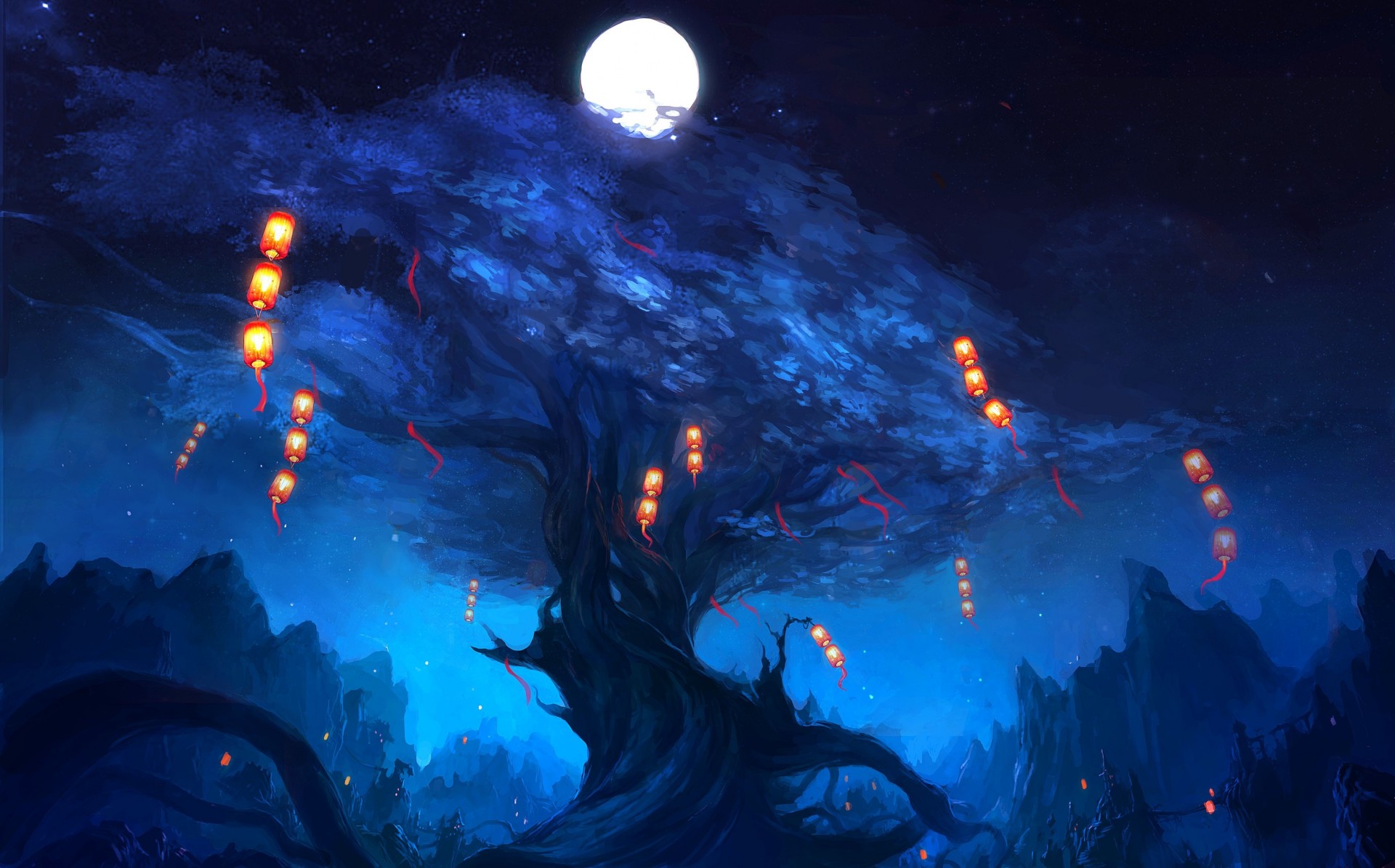 nacht baum natur stadt mond berge taschenlampen