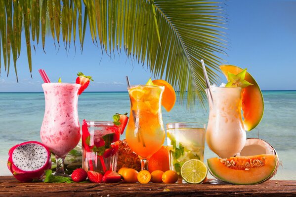 Meer, Palme, Cocktails, exotische Früchte