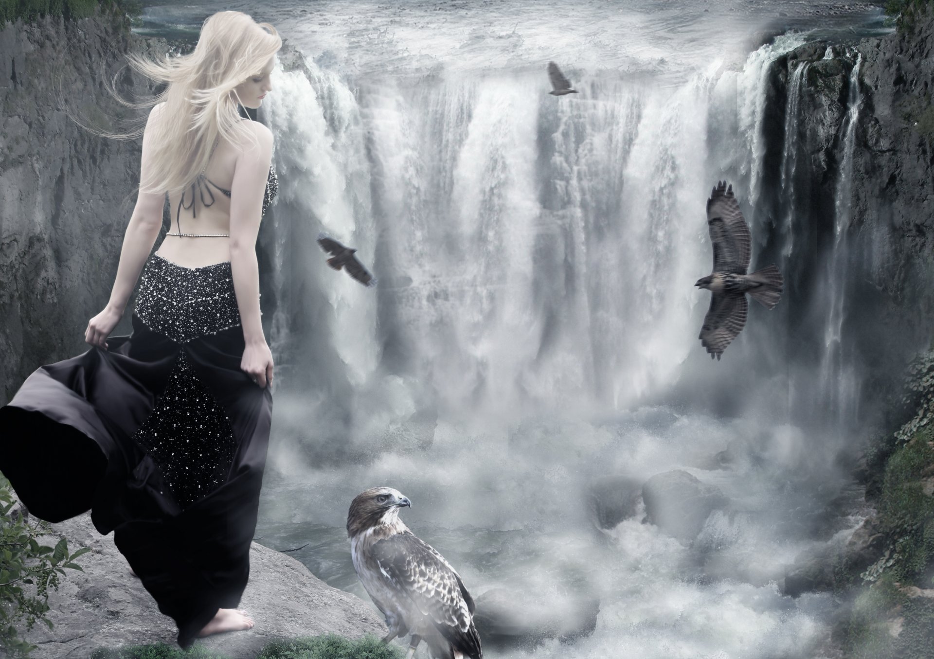 mädchen rücken kleid blond profil vögel wasser wasserfall