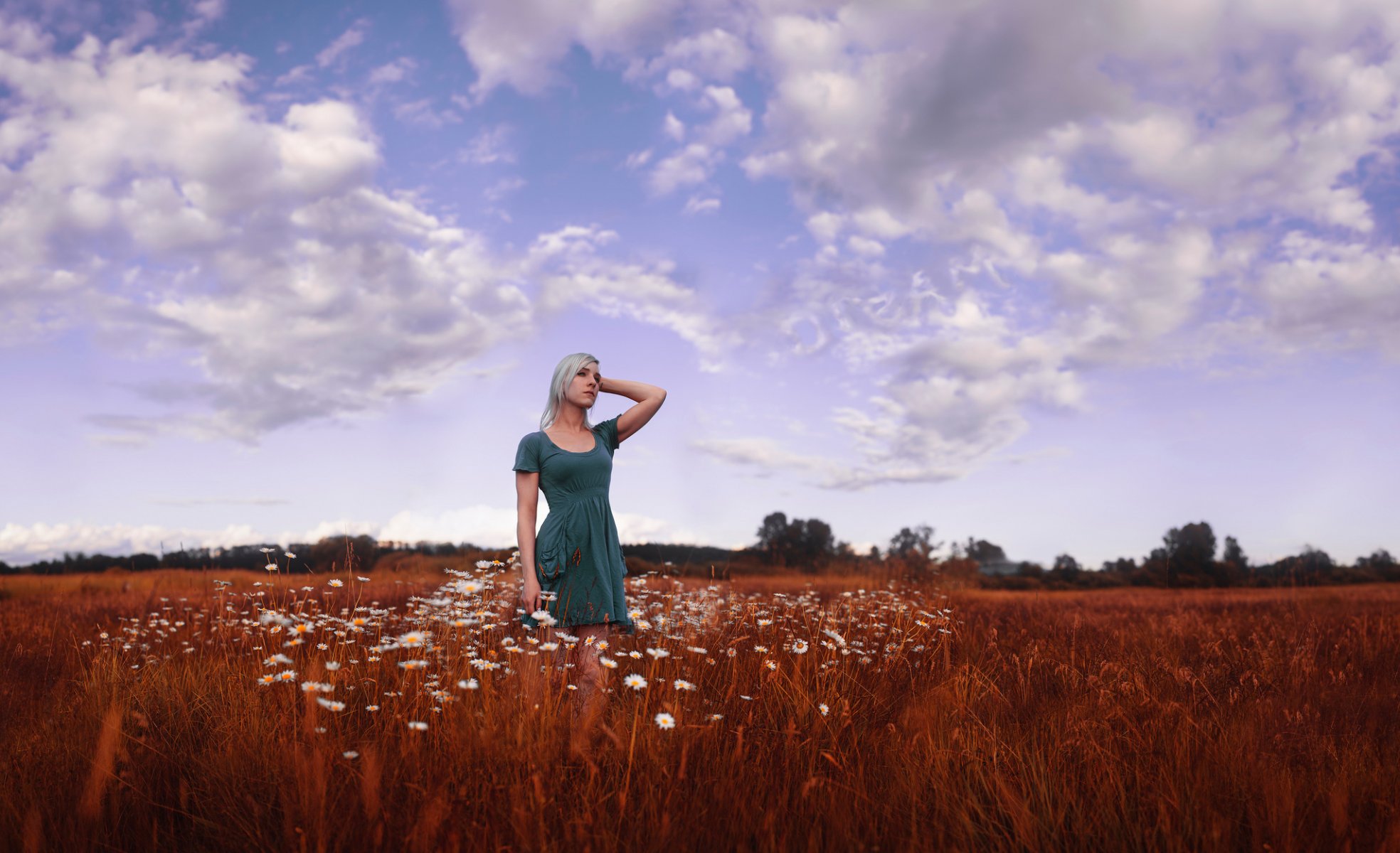 kamillenfeld mädchen kleid himmel wolken schönheit