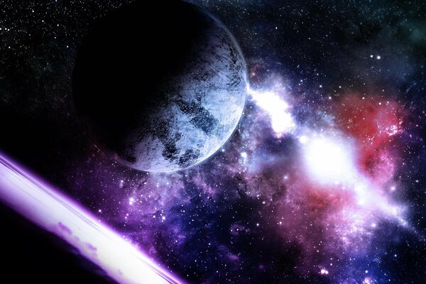Kosmischer Raum mit einem Planeten und einem lila Stern