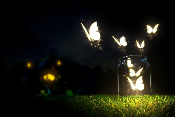 Leuchtende Schmetterlinge in der Nacht auf Gras Hintergrund