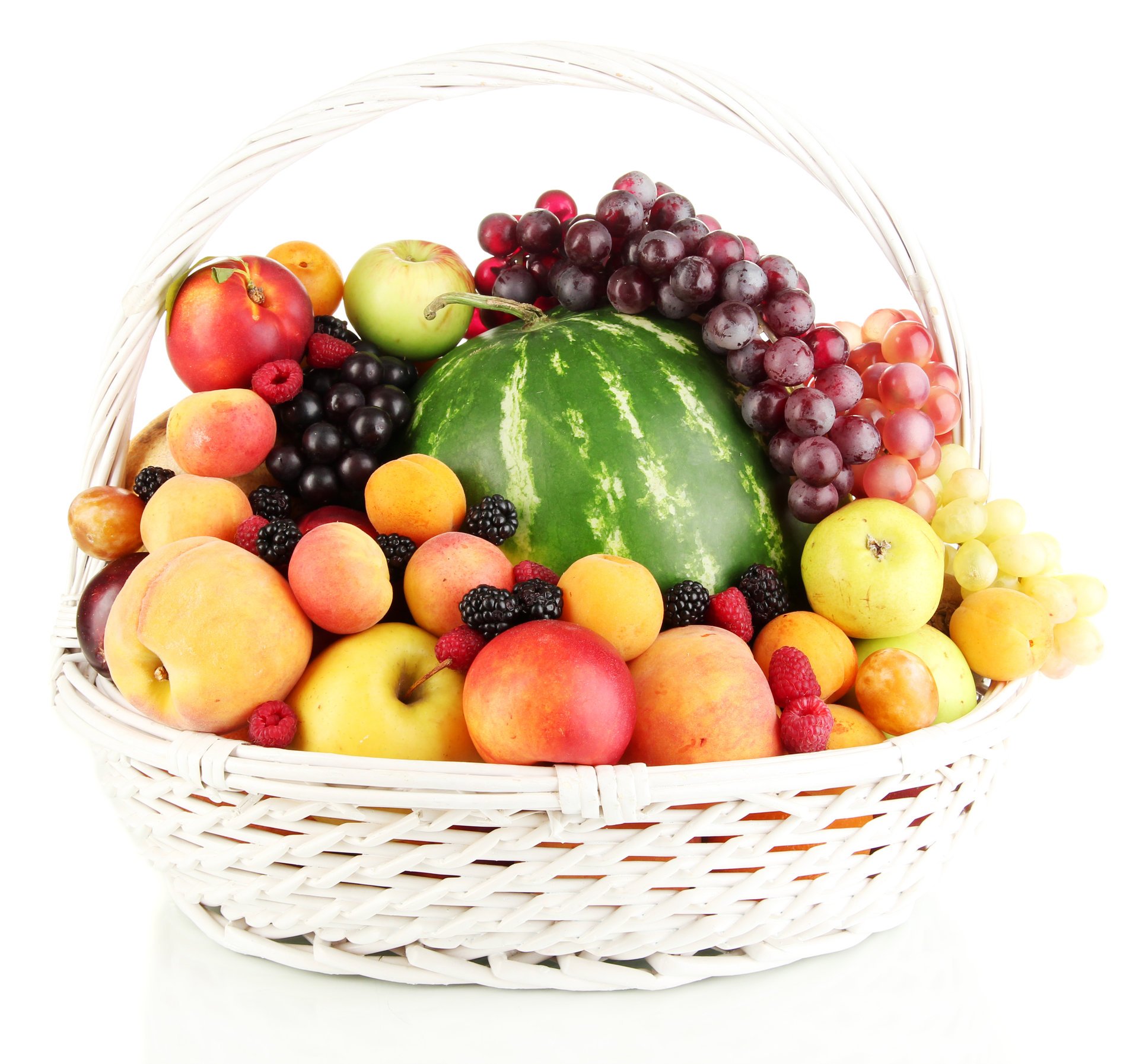 beeren obst korb wassermelone äpfel pfirsiche nektarine pflaumen aprikosen himbeeren trauben brombeeren