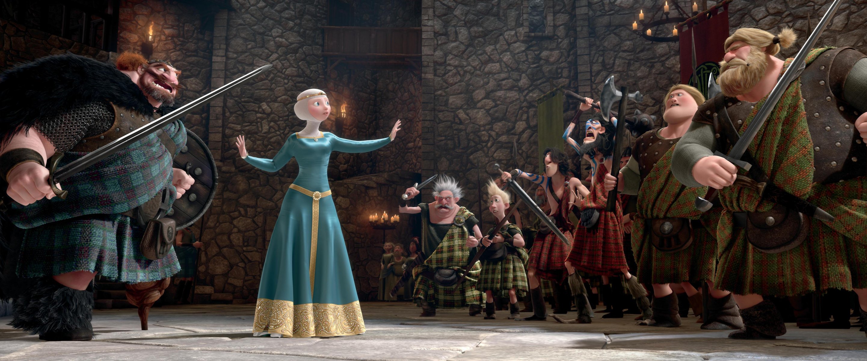 film disney pixar schottland könig königin prinzessin barbaren merida rotes haar braves herz cartoon pixar bogenschützin krieger schotten schloss kerzen versammlung