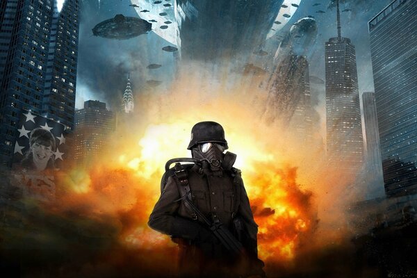 Ein Soldat, der eine Explosion angeordnet hat, um ein UFO zu verscheuchen