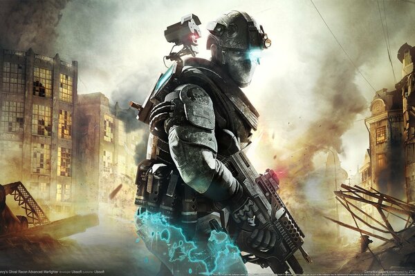 Ein Soldat aus einem Computerspiel vor dem Hintergrund einer zerstörten Stadt