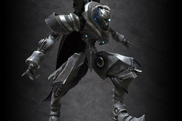 Metallroboter mit blauer Hintergrundbeleuchtung auf grauem Hintergrund