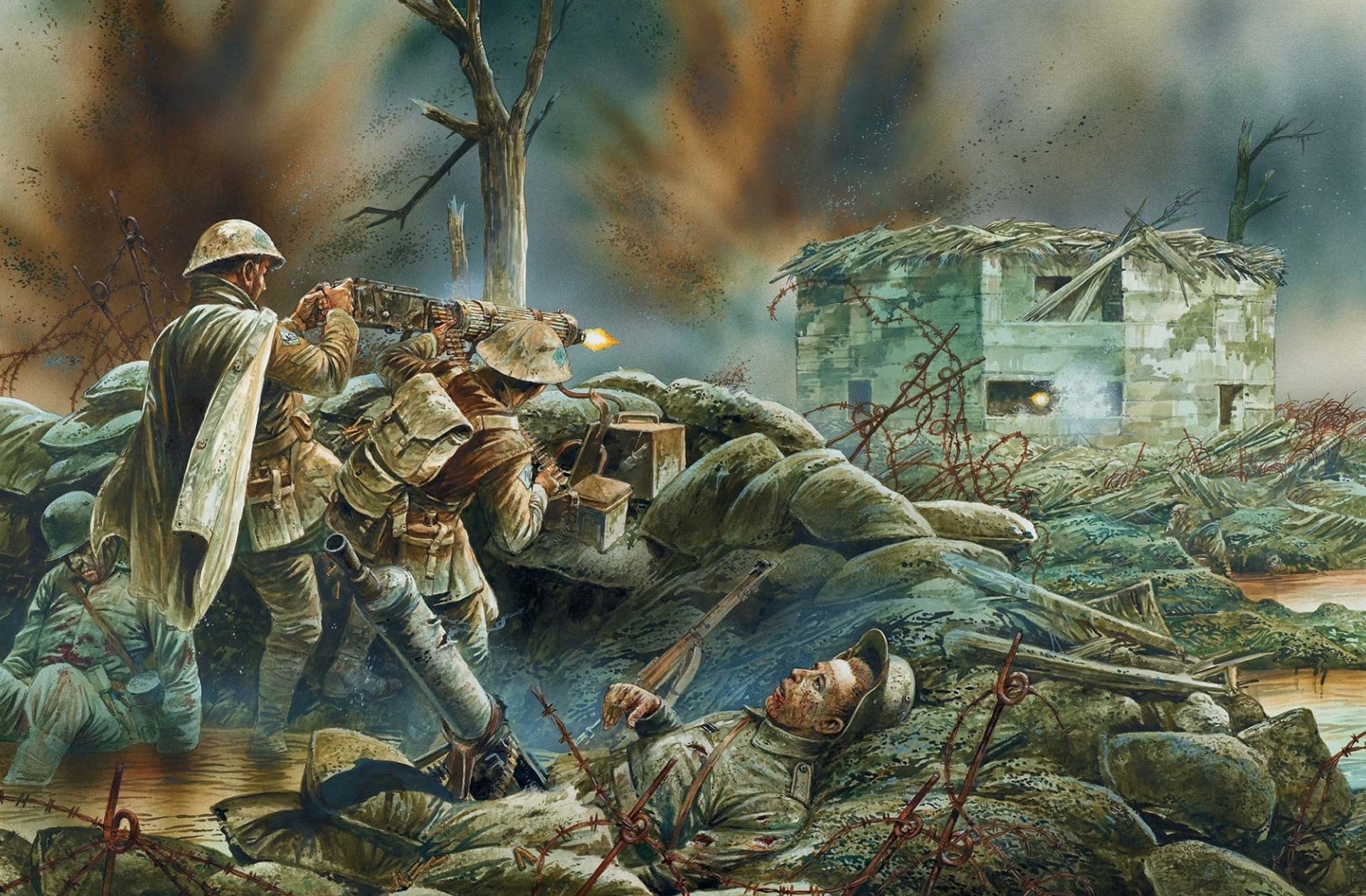 kunst kampf graben britisch soldaten ausrüstung schwer vickers schüsse deutsch positionen explosionen wasser schmutz zerstörung erster weltkrieg zeichnung