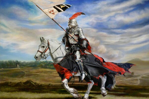 Reitender Ritter in Rüstung mit Flagge