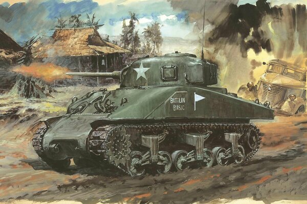 Zeichnung mit Pinselstrichen eines amerikanischen Panzers
