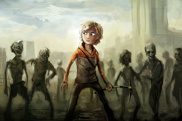 Molly auf dem Hintergrund von Zombies aus dem Spiel The Walking Dead