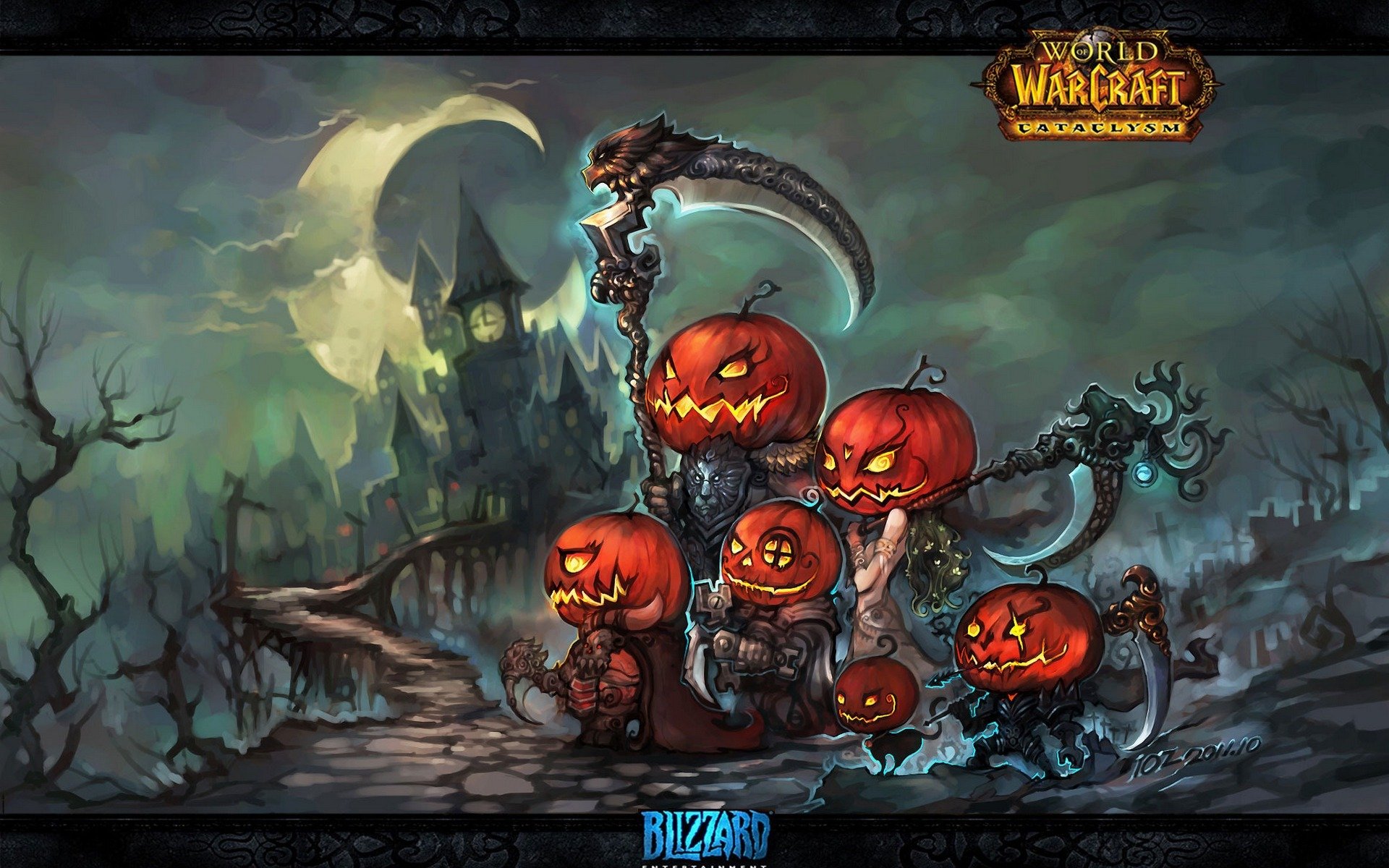 world of warcraft wow katastrophe wallpaper spiele halloween kunst kürbisse elfen schwerter waffen kunst
