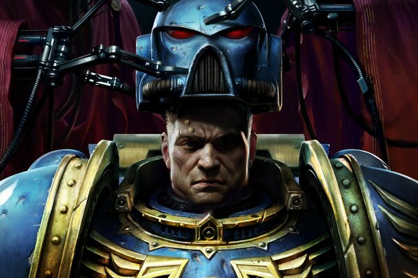 Entschlossener Soldat warhammer trägt einen Kampfhelm