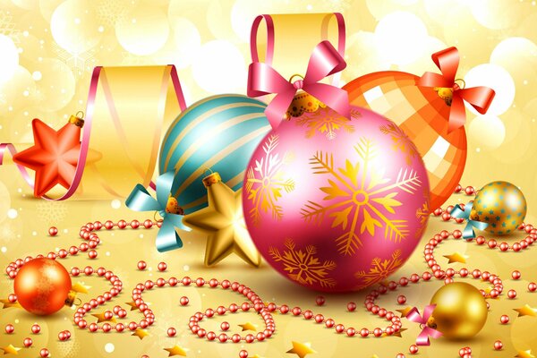 Weihnachtstapete mit Christbaumschmuck - Luftballons. perlen und Bänder