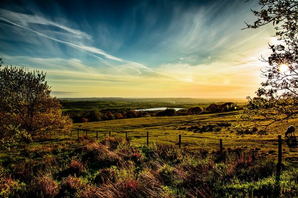 Die grenzenlosen Horizonte Englands vor dem Hintergrund von Himmel und Feld