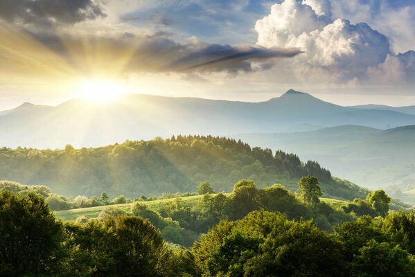 Sonnenaufgang über den grünen Hügeln