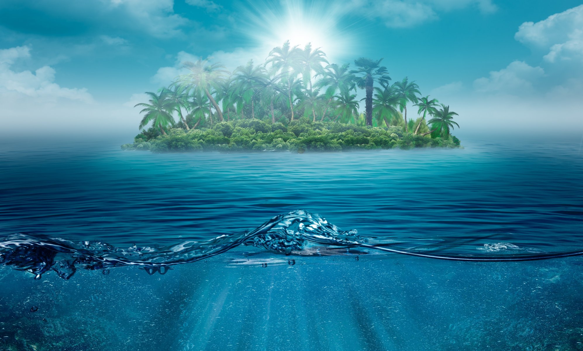 allein einsam insel ozean natur landschaft meer wasser bäume palmen ein schön himmel wolken verträumte welt