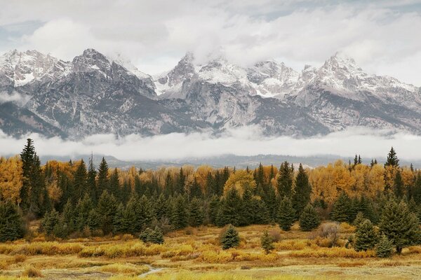 Herbstlandschaft der schneeweißen Berge