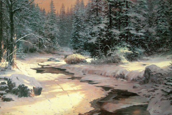Ein Fluss im Winterwald. Winter. Fichte im Schnee