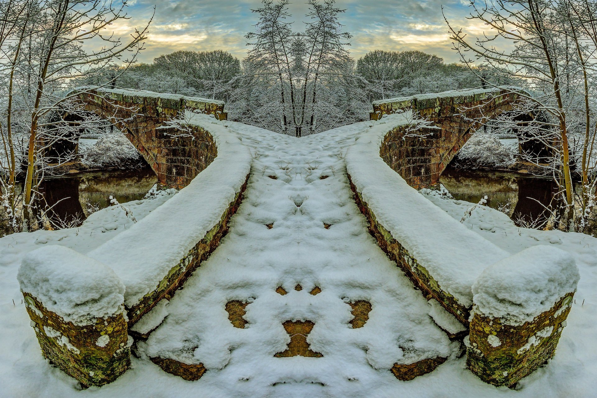 winter fluss steinbrücke schnee bäume frost himmel