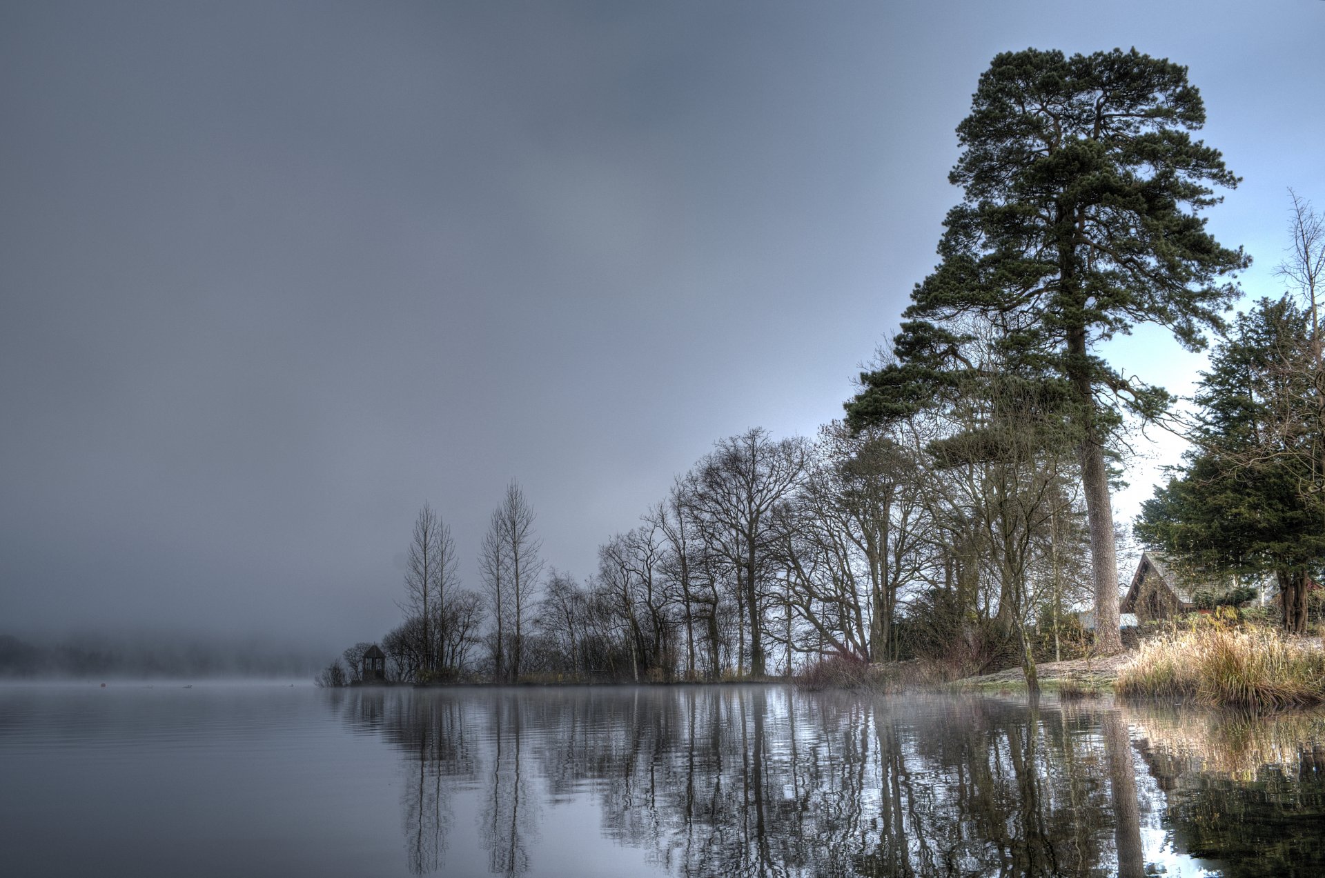 himmel wasser bäume haus nebel see fluss