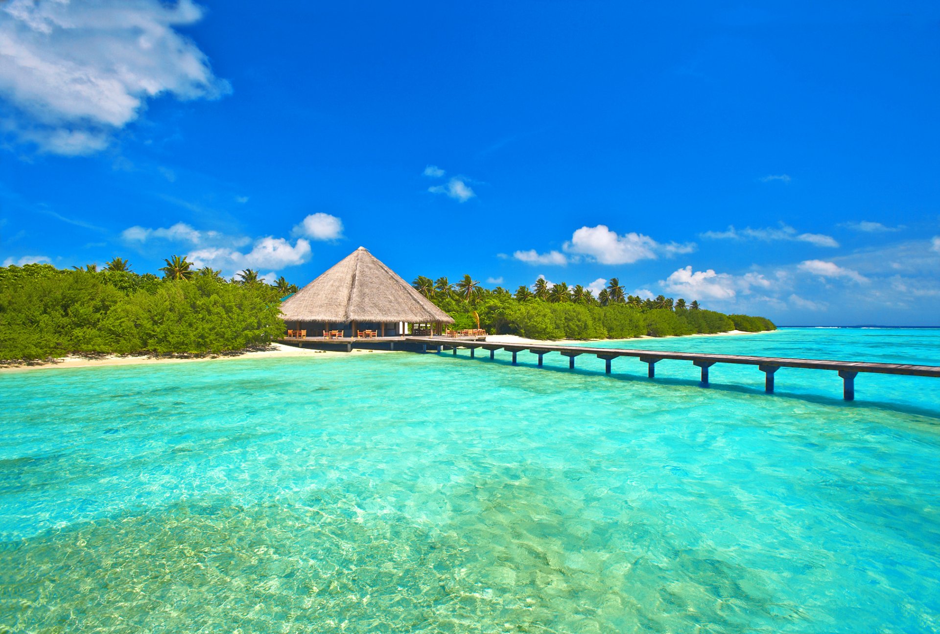 malediven himmel meer wolken ozean insel bäume palmen bungalow brücke pier
